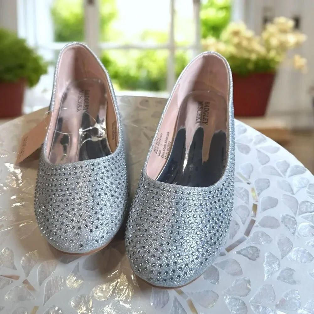 Badgley Mischka Girls Rhinestone Ballet Flats Silver Wedding Flower Girl Shoes S